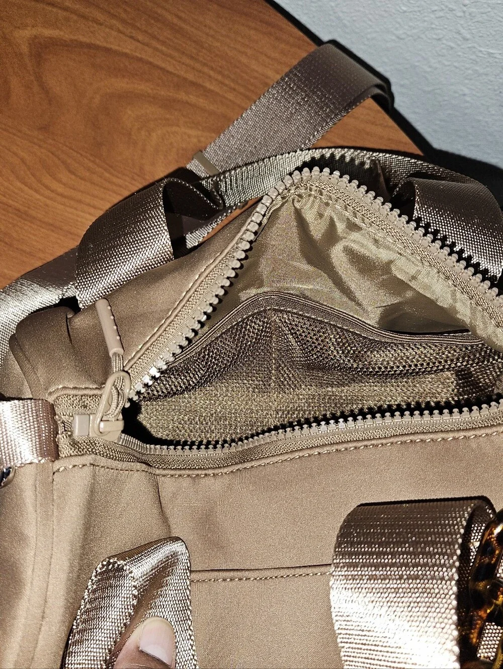 Tan Tiny Iris Duffle Bag with Adjustable crossbody Strap